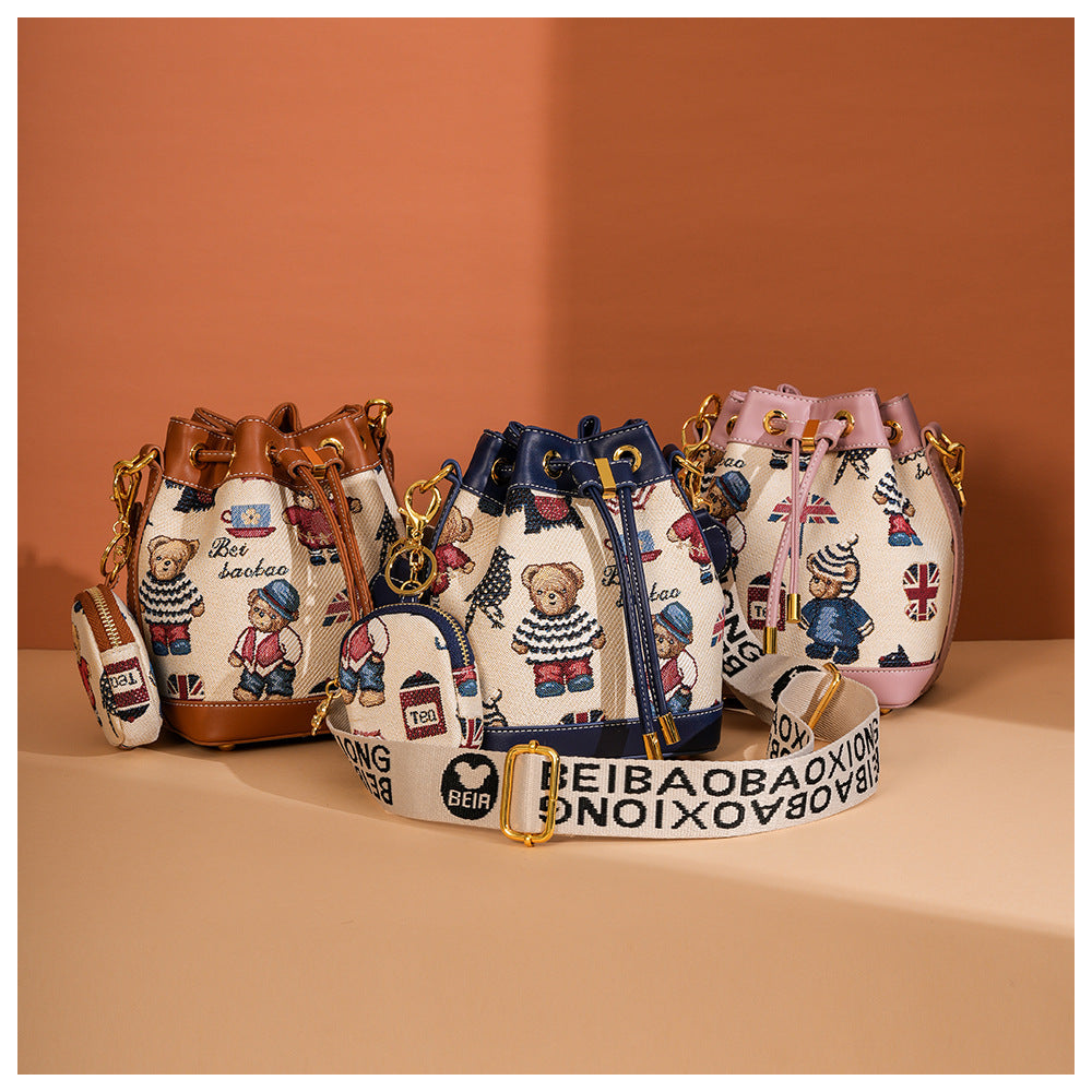 Cartoon Bear Canvas Bucket Bag | Cute Crossbody Bag for Women A52