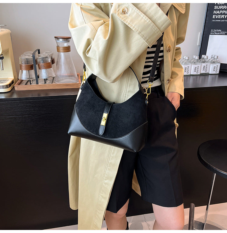 Women's Suede Contrast Shoulder Bag Spliced Bucket with Gold Lock A35