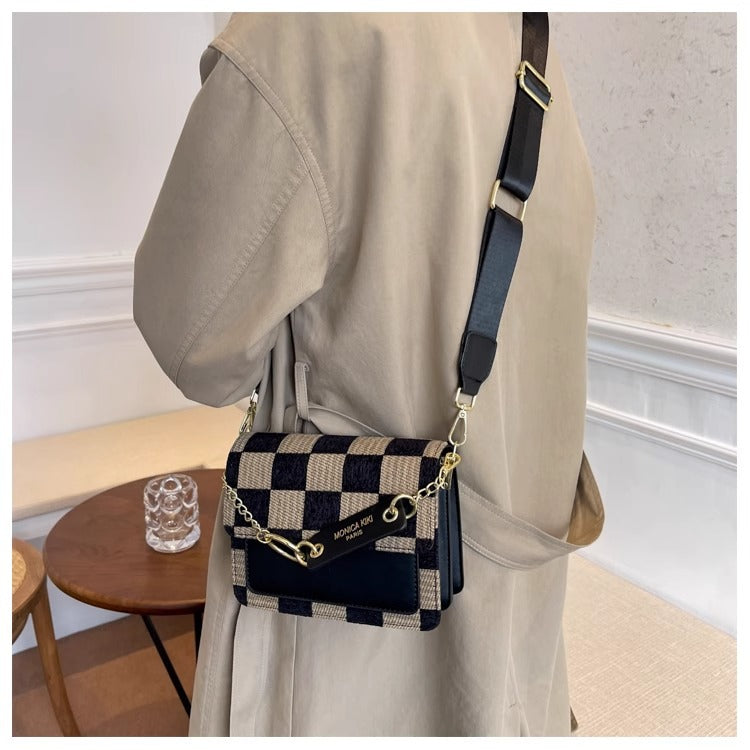Checkered Woven Crossbody Bag for Women | Gold Chain Lock Clasp A39
