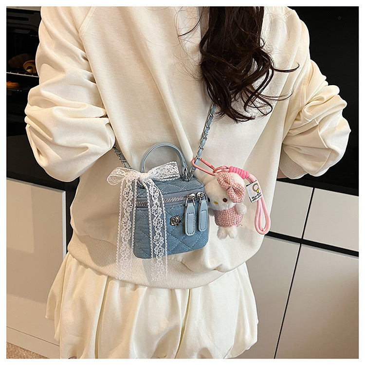 Quilted Denim Box Bag | Chanel-Style Chain Crossbody Handbag A63