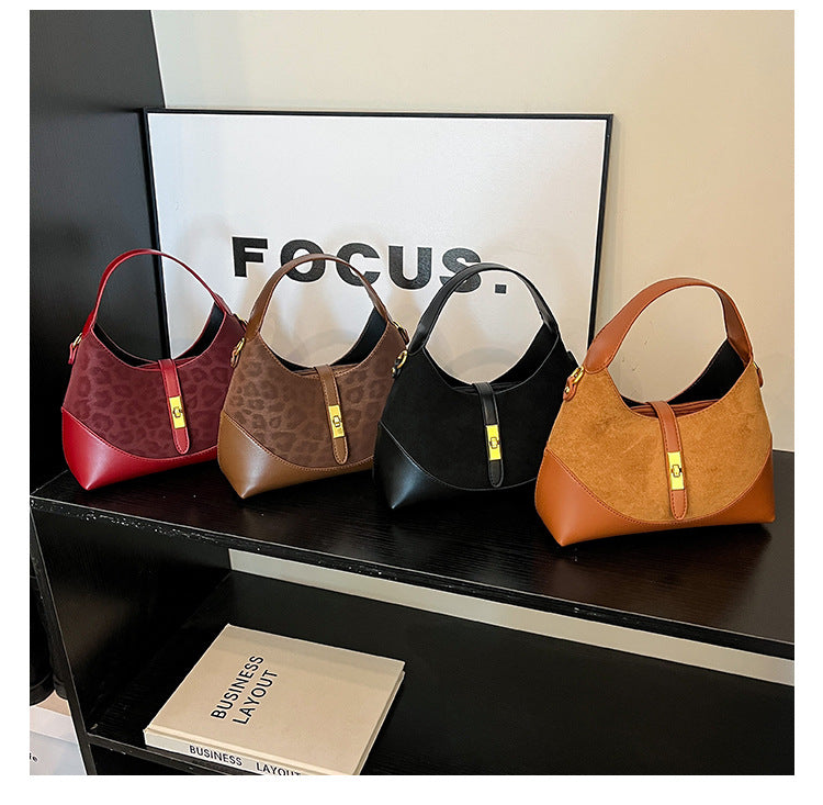 Women's Suede Contrast Shoulder Bag Spliced Bucket with Gold Lock A35
