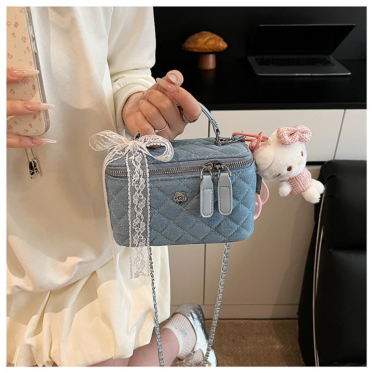 Quilted Denim Box Bag | Chanel-Style Chain Crossbody Handbag A63