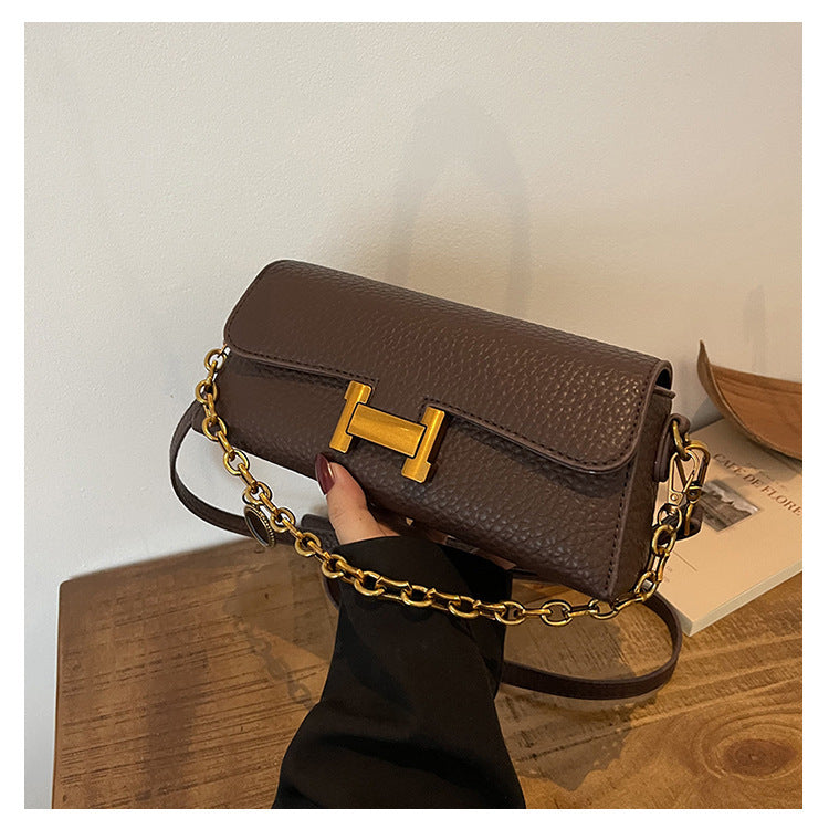 Women's Chain Shoulder Bag | Retro PU Baguette with H-Buckle A18