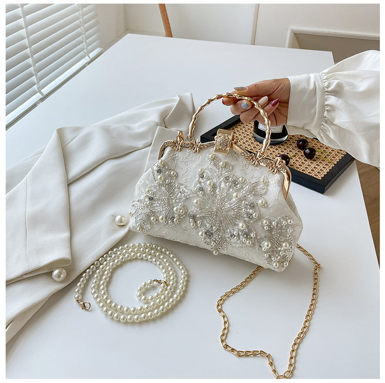 Pearl Embroidered Clutch Bag | Beaded Chain Shoulder Handbag A56