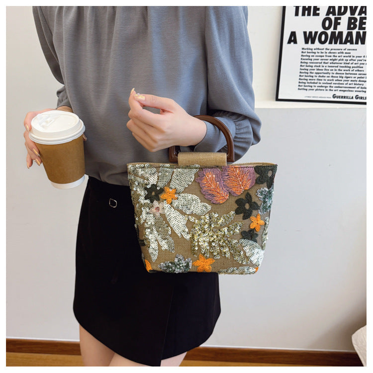 Bamboo Handle Sequin Floral Tote Bag for Women | Fabric Top Handle A46