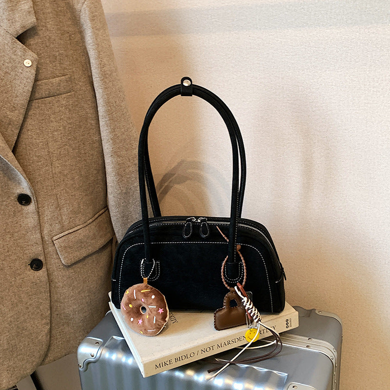 Women's Suede Shoulder Bag Retro Pillow Shape with Charm A24