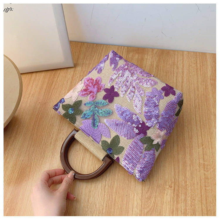 Bamboo Handle Sequin Floral Tote Bag for Women | Fabric Top Handle A46