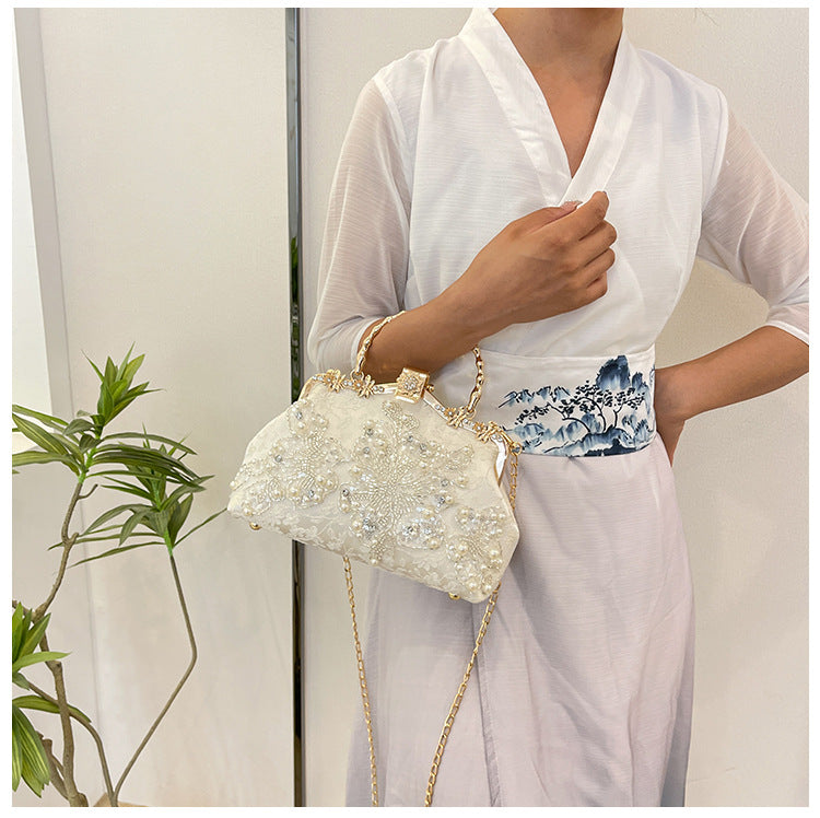 Pearl Embroidered Clutch Bag | Beaded Chain Shoulder Handbag A56