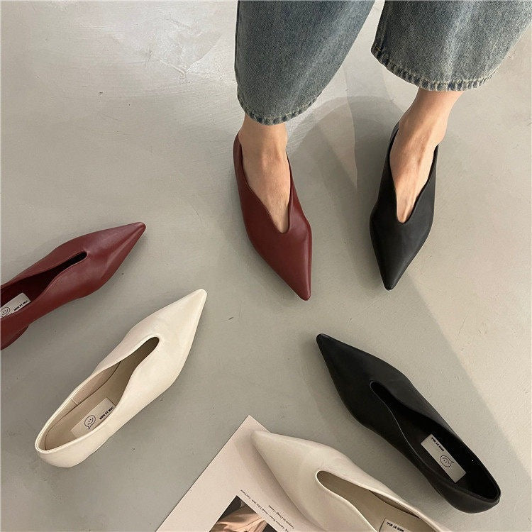 Pointed Toe Flat Shoes | Korean Style Microfiber Leather Shallow Mouth Flats A73