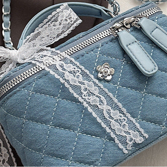 Quilted Denim Box Bag | Chanel-Style Chain Crossbody Handbag A63