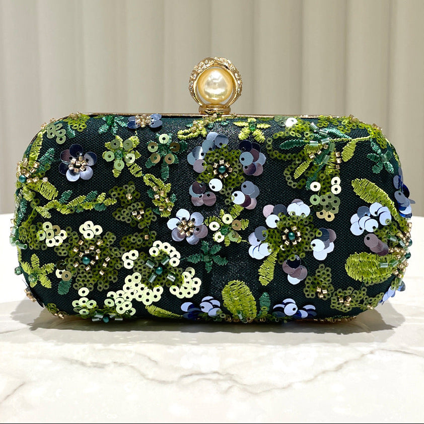 Dark Green Sequin Embroidered Clutch Bag | Beaded Evening Box Bag A66