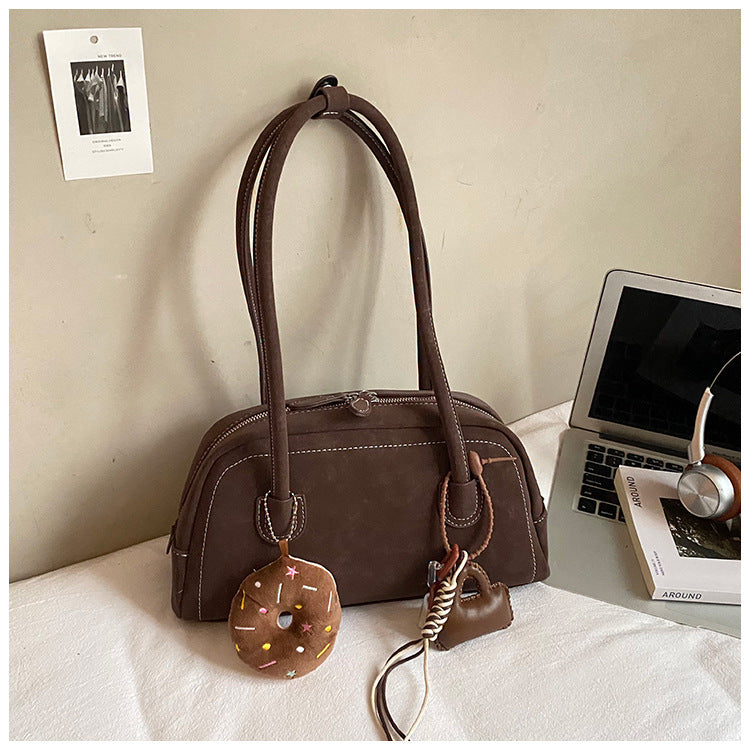 Women's Suede Shoulder Bag Retro Pillow Shape with Charm A24