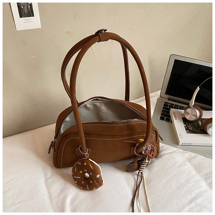 Women's Suede Shoulder Bag Retro Pillow Shape with Charm A24