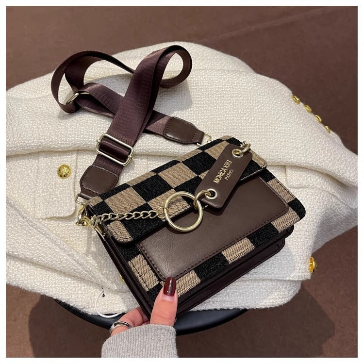 Checkered Woven Crossbody Bag for Women | Gold Chain Lock Clasp A39