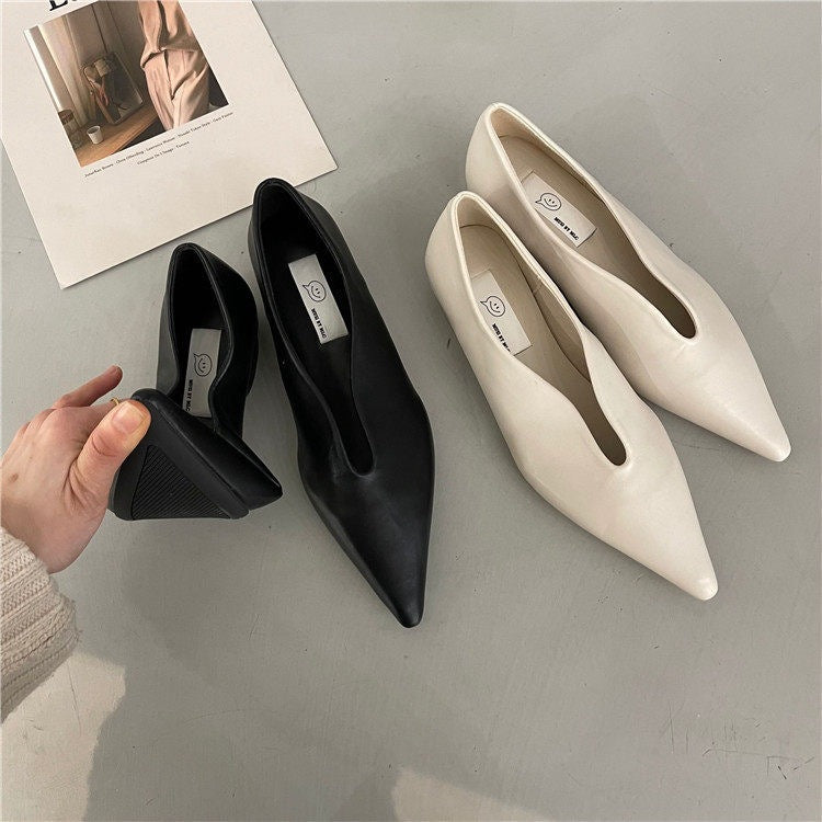 Pointed Toe Flat Shoes | Korean Style Microfiber Leather Shallow Mouth Flats A73
