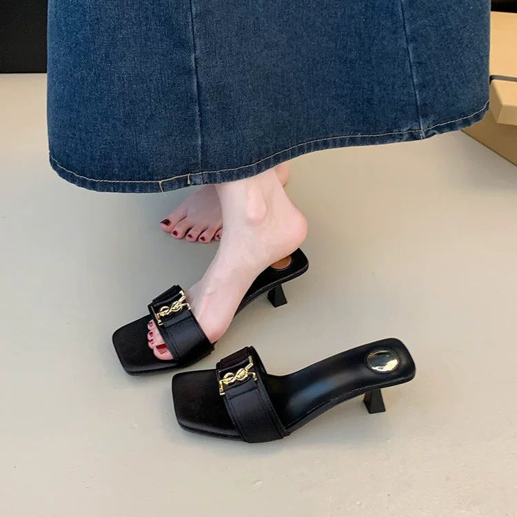 Square Toe Thin Heel Sandals | Retro Open-Toe Slip-On Heels for Women A78