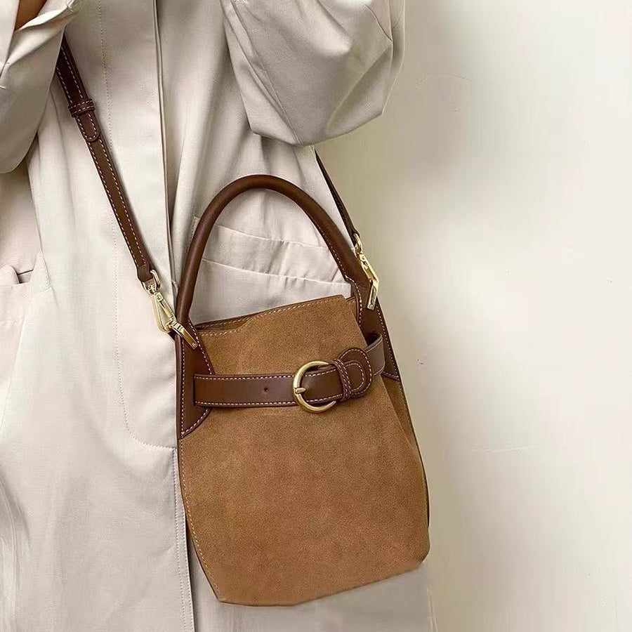 Women's Bucket Bag | Suede PU Crossbody with Belt Buckle Detail A17