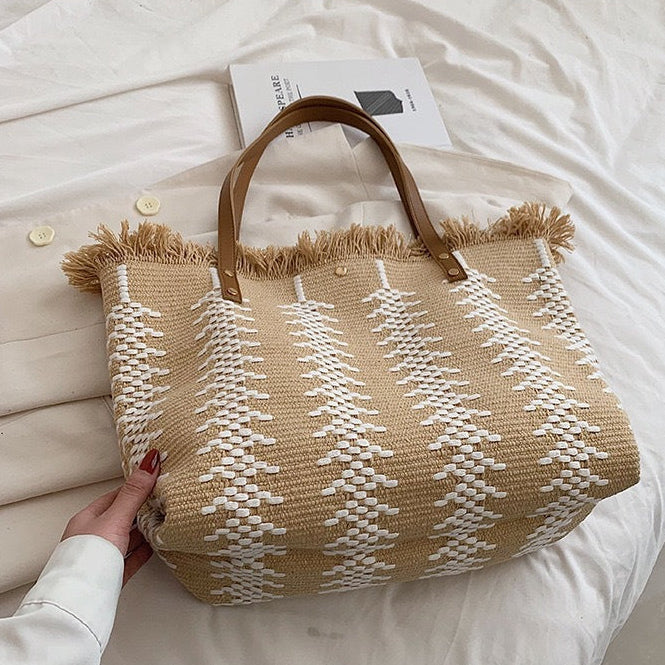 Large Canvas Tassel Tote Bag | Woven Shoulder Bag for Women A57