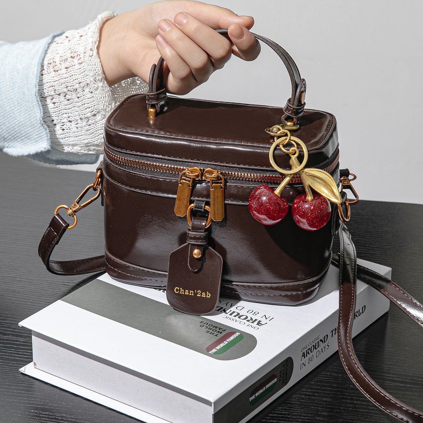Cherry Charm Box Bag for Women | PU Leather Crossbody Tote Handbag A43