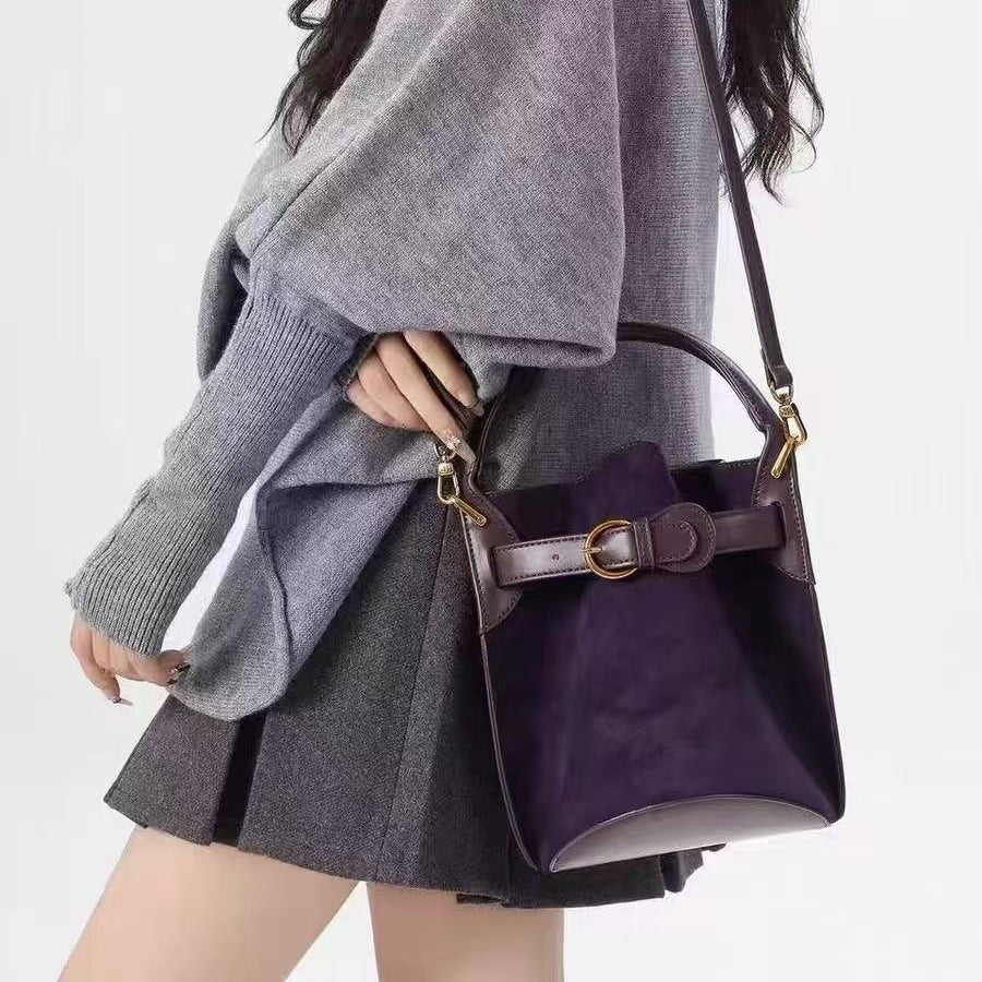 Women's Bucket Bag | Suede PU Crossbody with Belt Buckle Detail A17