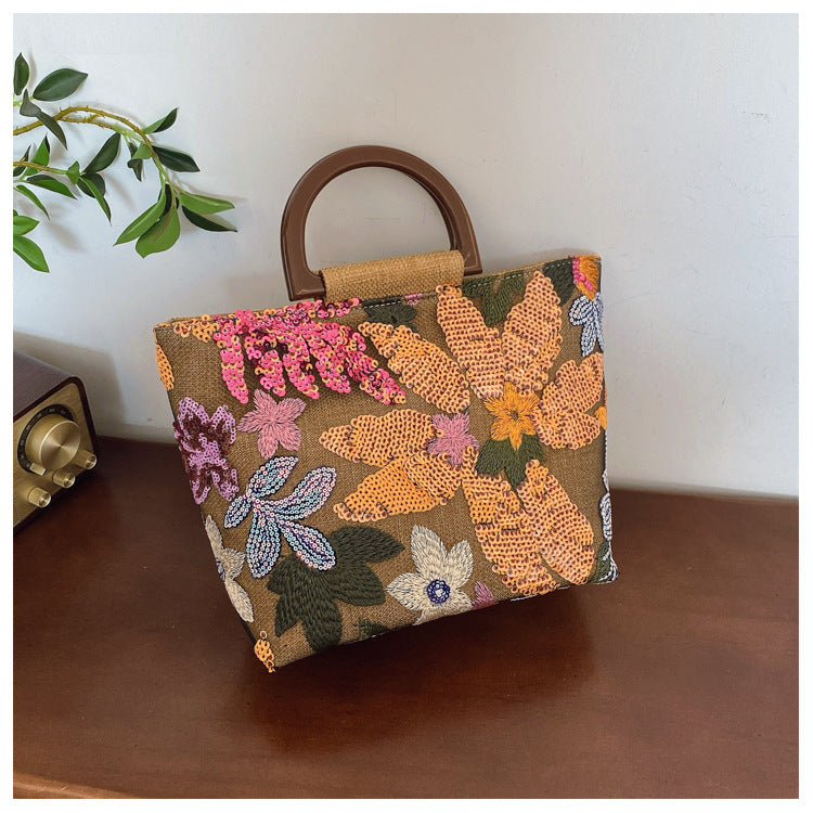 Bamboo Handle Sequin Floral Tote Bag for Women | Fabric Top Handle A46