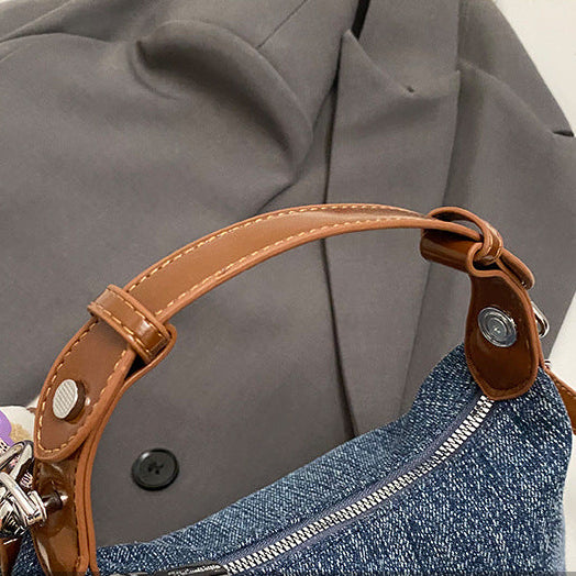 Women's Denim Shoulder Bag with Bear Charm Compact Crossbody A23