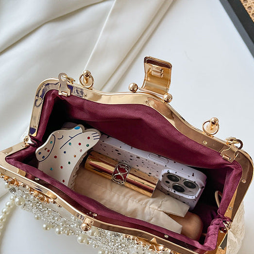 Pearl Embroidered Clutch Bag | Beaded Chain Shoulder Handbag A56
