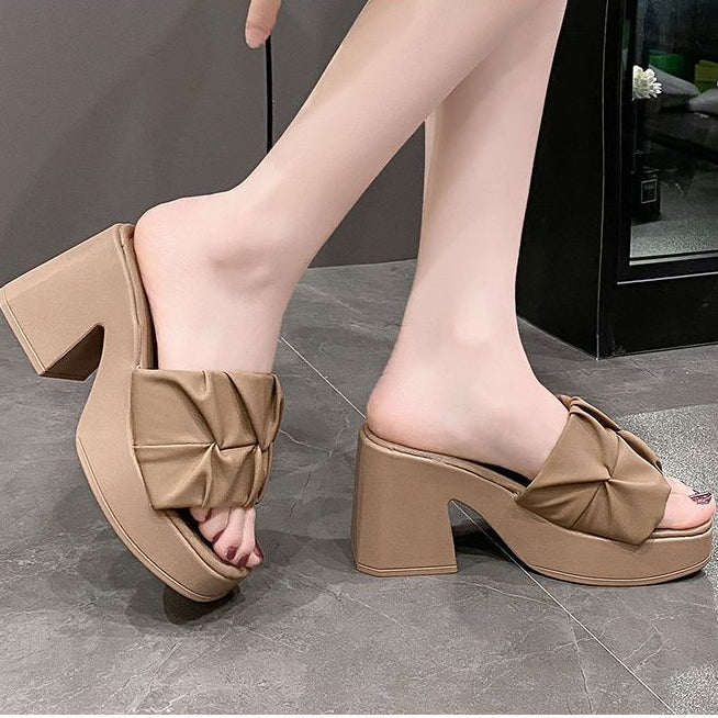 Thick-Heeled Sandal Mules | Korean Style PU High-Heel Flip-Flop Shoes A72