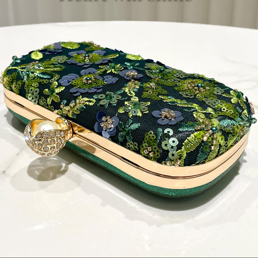Dark Green Sequin Embroidered Clutch Bag | Beaded Evening Box Bag A66