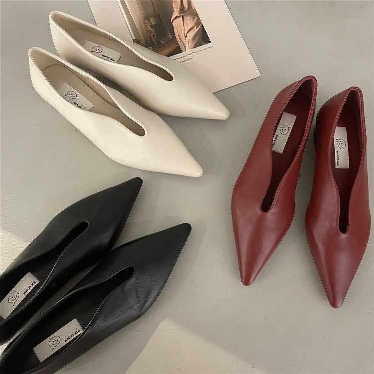 Pointed Toe Flat Shoes | Korean Style Microfiber Leather Shallow Mouth Flats A73