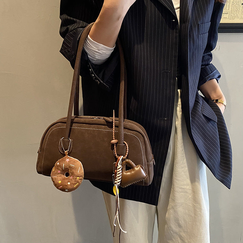 Women's Suede Shoulder Bag Retro Pillow Shape with Charm A24