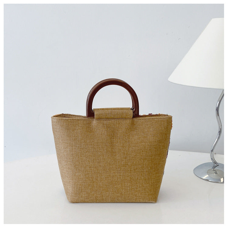 Bamboo Handle Sequin Floral Tote Bag for Women | Fabric Top Handle A46