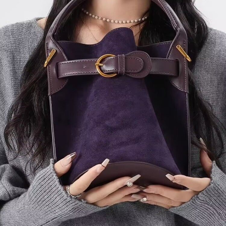 Women's Bucket Bag | Suede PU Crossbody with Belt Buckle Detail A17