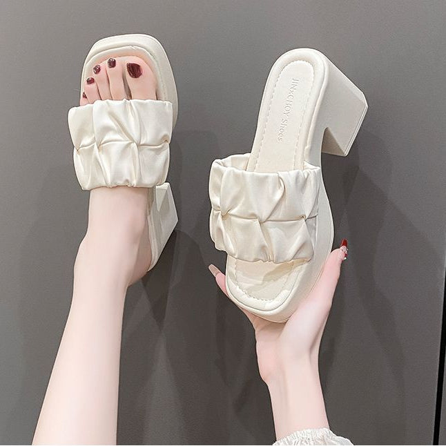 Thick-Heeled Sandal Mules | Korean Style PU High-Heel Flip-Flop Shoes A72