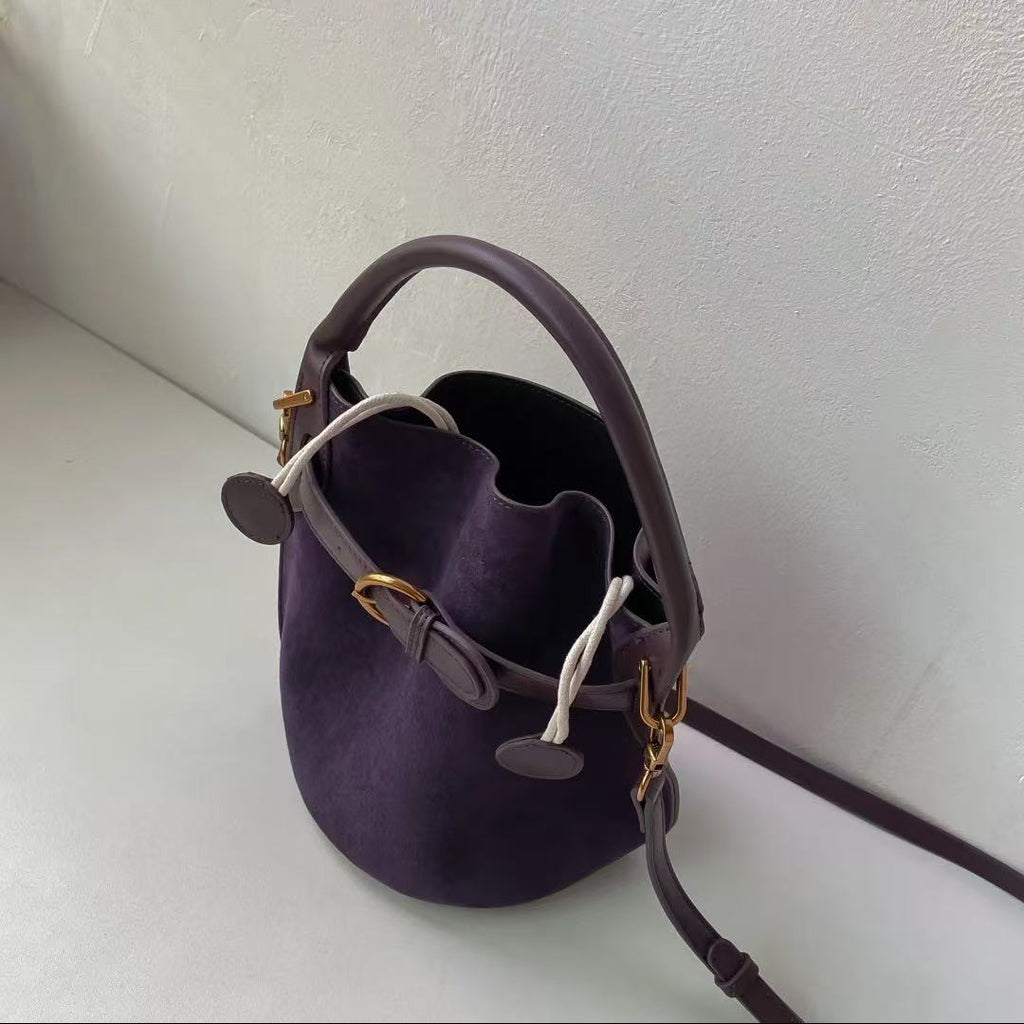 Women's Bucket Bag | Suede PU Crossbody with Belt Buckle Detail A17