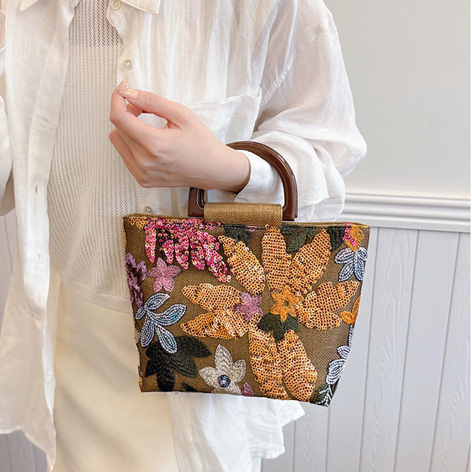Bamboo Handle Sequin Floral Tote Bag for Women | Fabric Top Handle A46