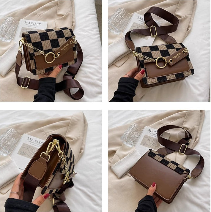 Checkered Woven Crossbody Bag for Women | Gold Chain Lock Clasp A39