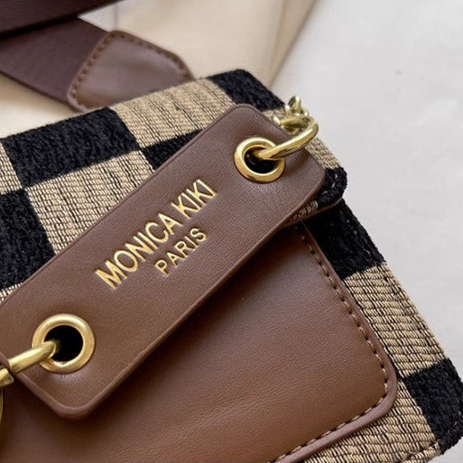 Checkered Woven Crossbody Bag for Women | Gold Chain Lock Clasp A39
