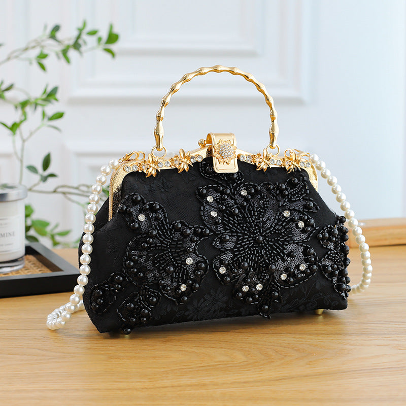 Pearl Embroidered Clutch Bag | Beaded Chain Shoulder Handbag A56