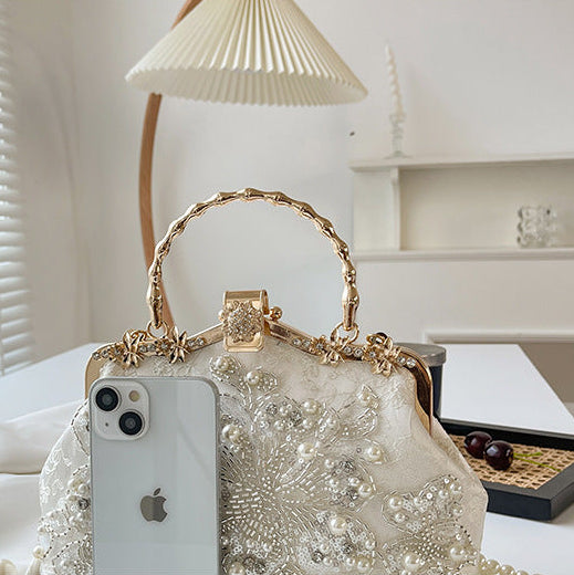 Pearl Embroidered Clutch Bag | Beaded Chain Shoulder Handbag A56