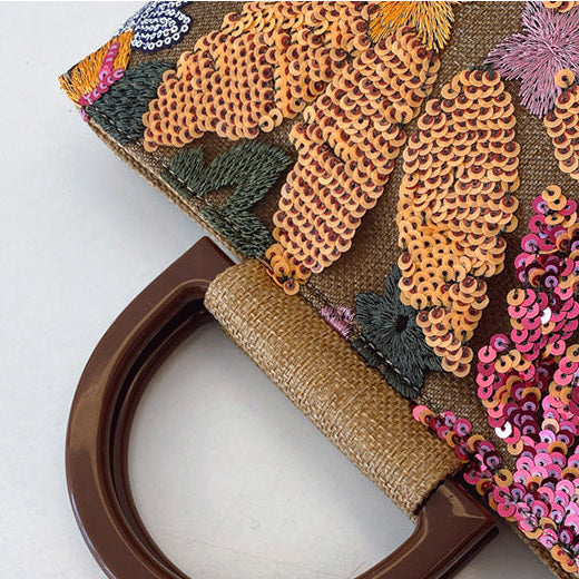 Bamboo Handle Sequin Floral Tote Bag for Women | Fabric Top Handle A46