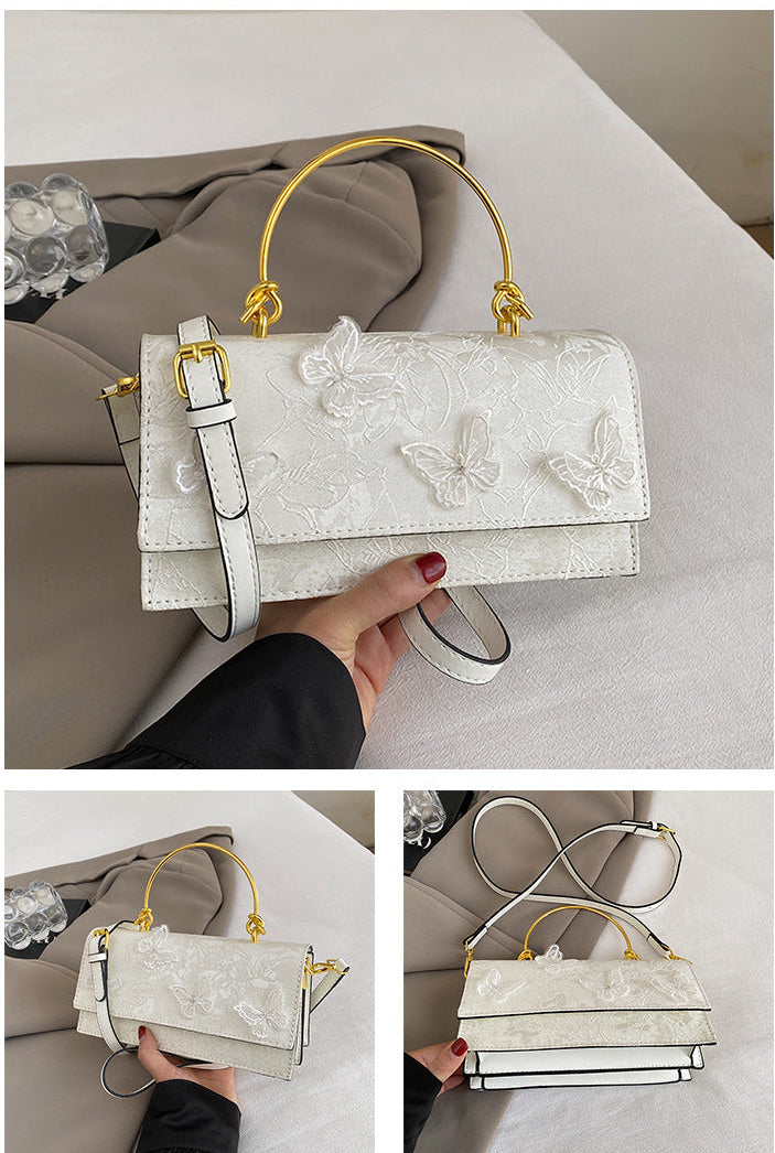Lace Embroidered Flap Bag for Women | Gold Ring Handle A3