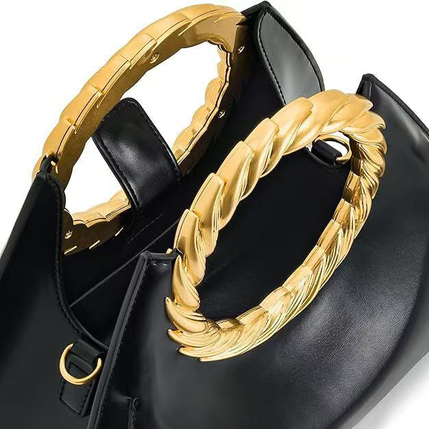 Women's Gold Ring Handle Handbag Retro Shell Satchel in Black A27