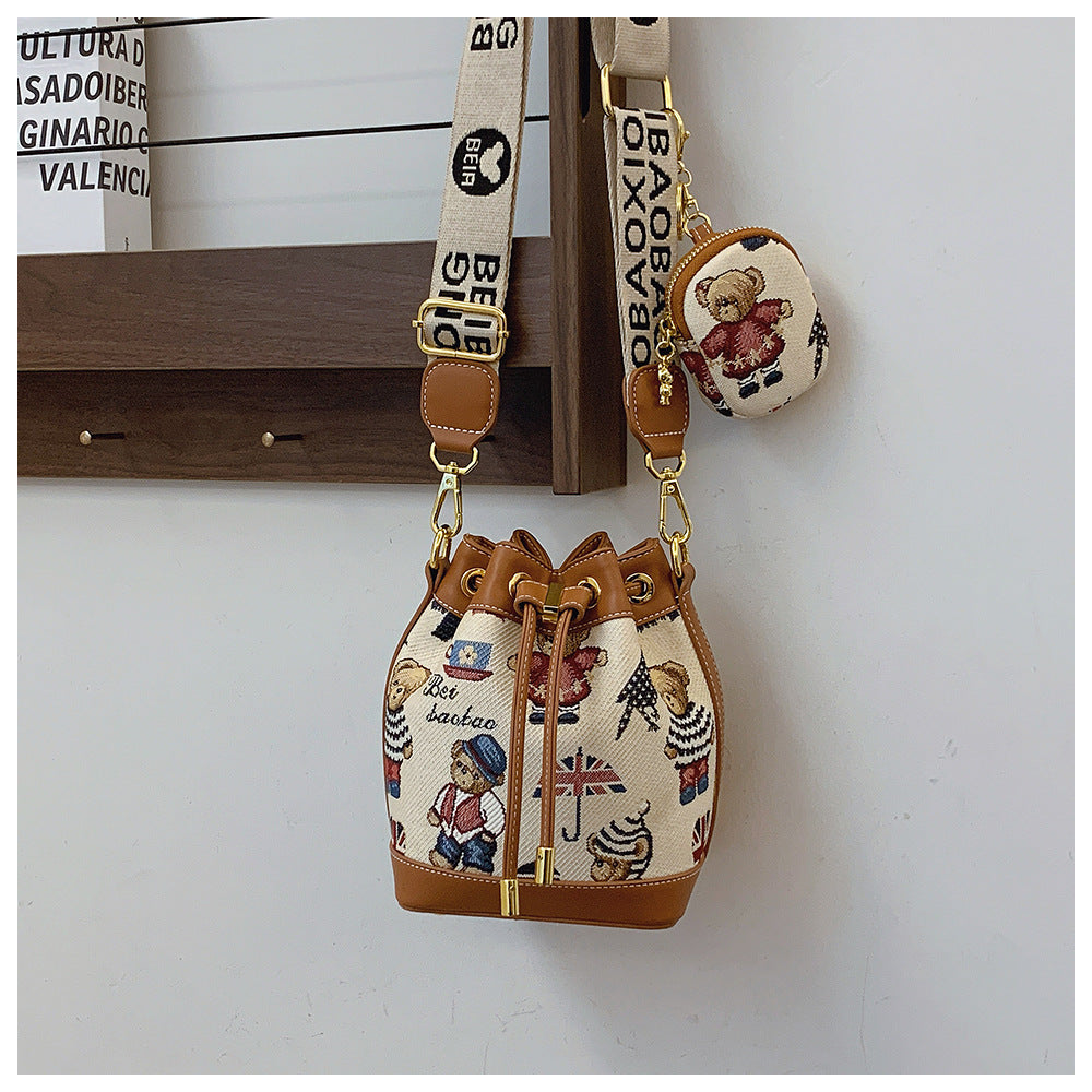 Cartoon Bear Canvas Bucket Bag | Cute Crossbody Bag for Women A52