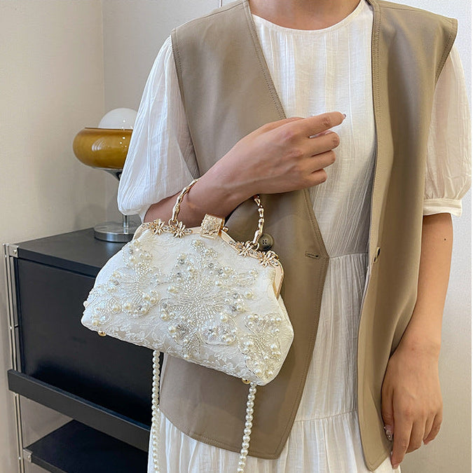 Pearl Embroidered Clutch Bag | Beaded Chain Shoulder Handbag A56