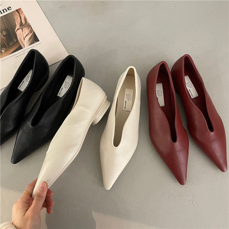 Pointed Toe Flat Shoes | Korean Style Microfiber Leather Shallow Mouth Flats A73