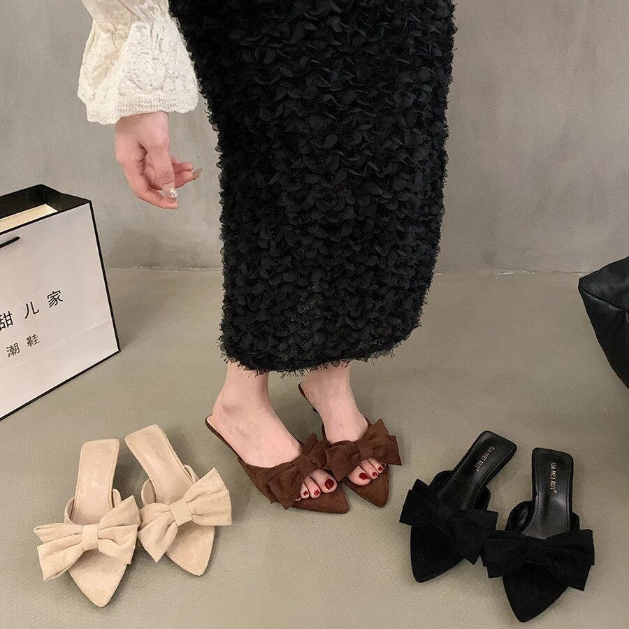 Bow Pointed-Toe Chunky Heel Sandals | Korean Style Summer Heels for Women A74