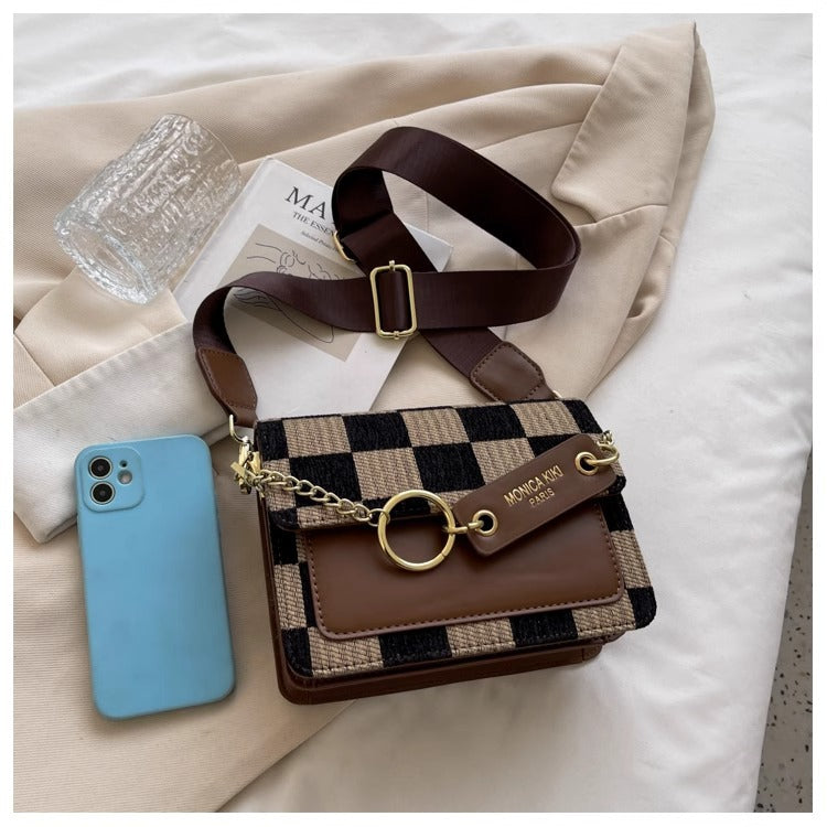 Checkered Woven Crossbody Bag for Women | Gold Chain Lock Clasp A39