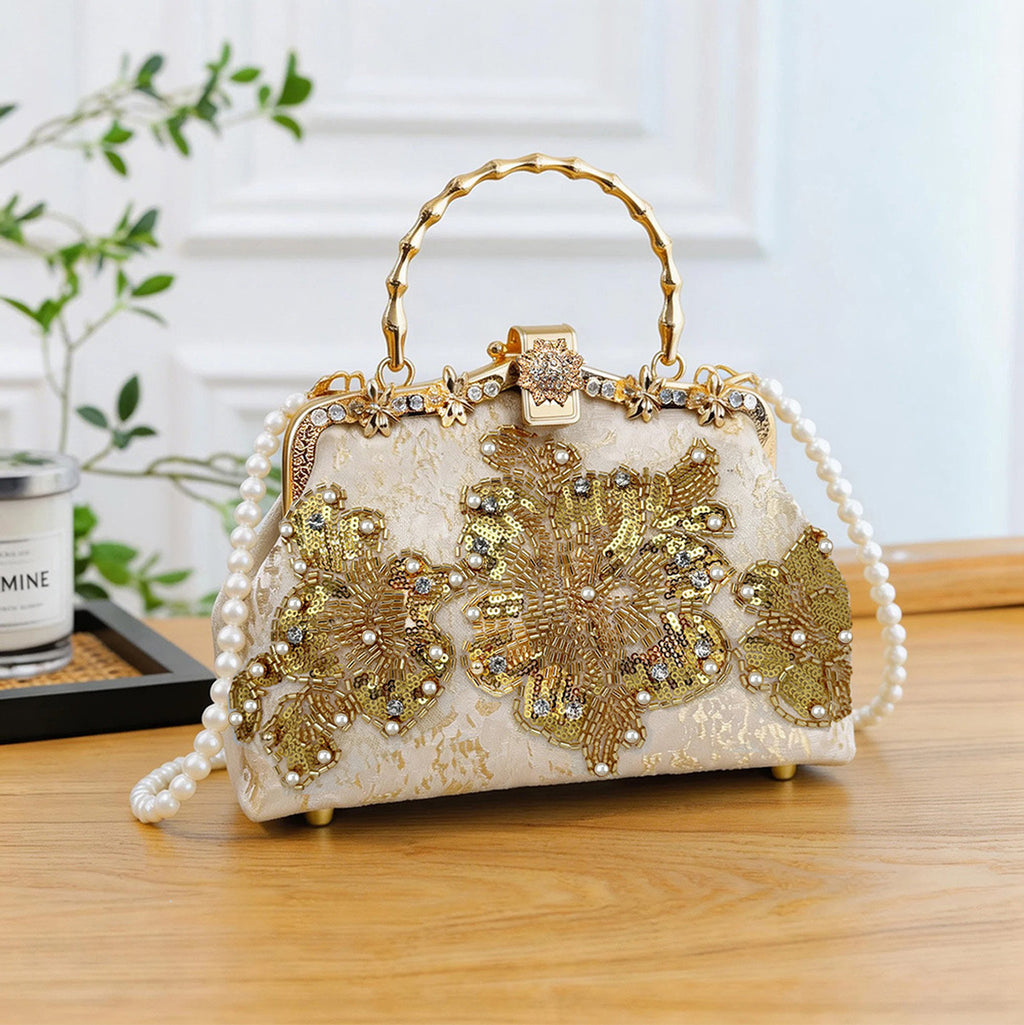 Pearl Embroidered Clutch Bag | Beaded Chain Shoulder Handbag A56