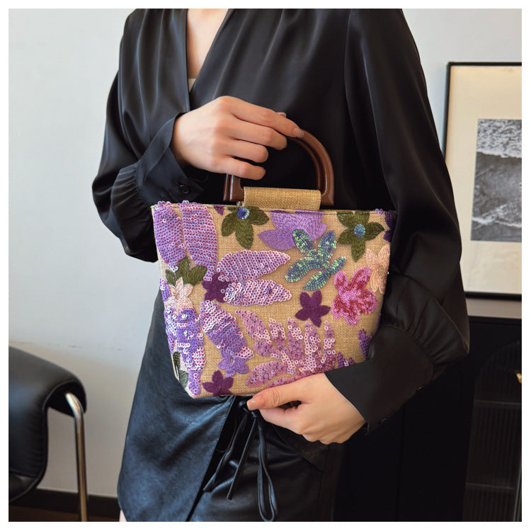 Bamboo Handle Sequin Floral Tote Bag for Women | Fabric Top Handle A46